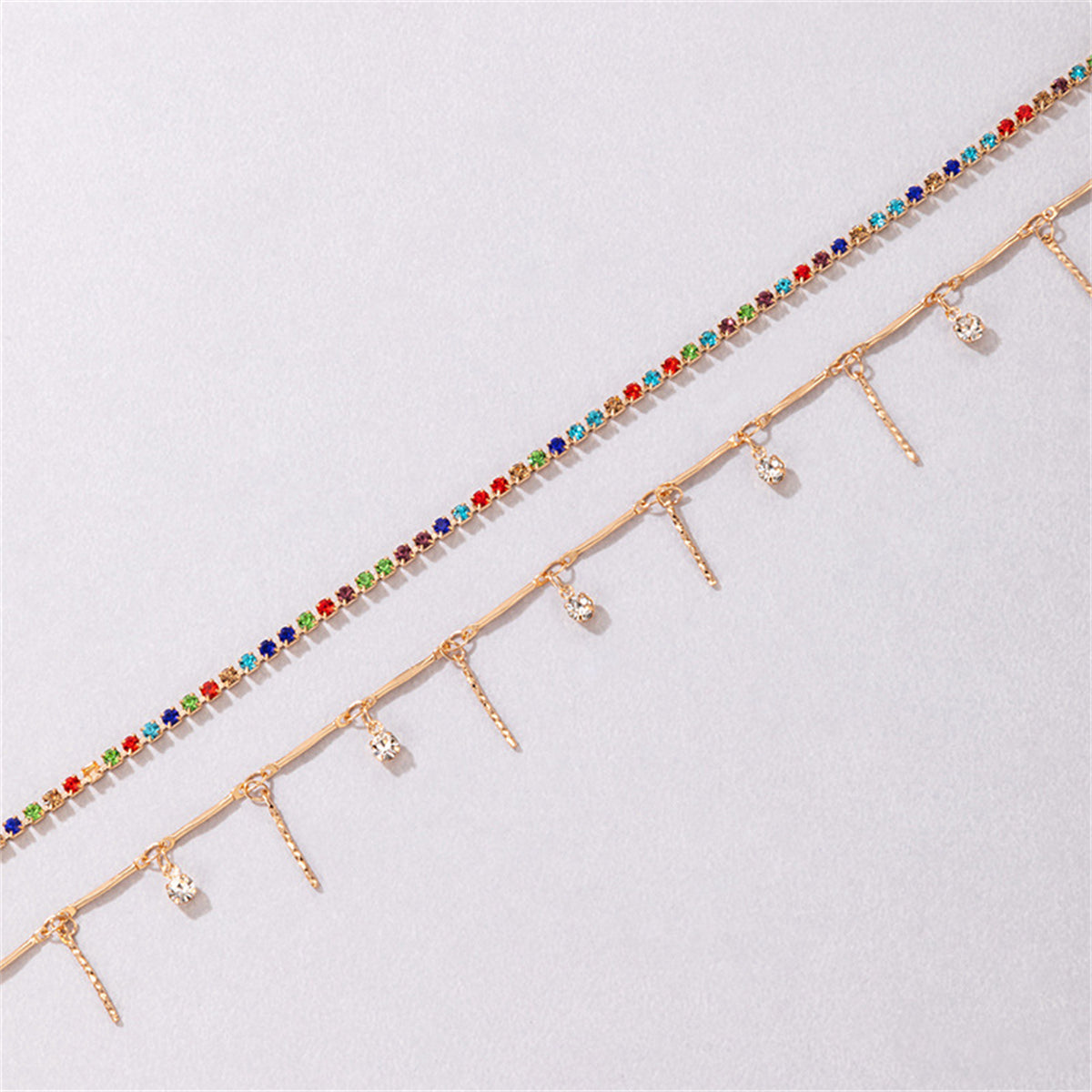 Red Multicolor Cubic Zirconia & 18K Gold-Plated Spike Tassel Anklet Set