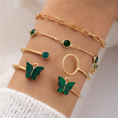 Green Crystal and 18K Gold-Plated Butterfly Cuff Bracelet Set, jewelry gift sets for women, elegant gift for her, front view