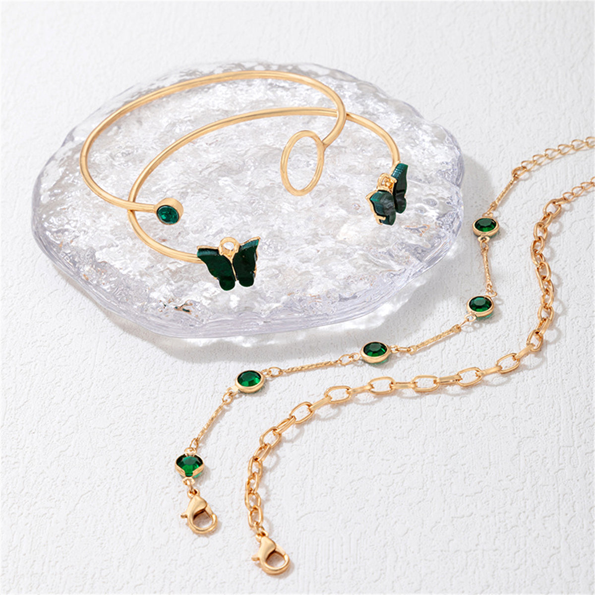 Green Crystal and 18K Gold-Plated Butterfly Cuff Bracelet Set, jewelry gift sets for women, elegant gift for her, side view
