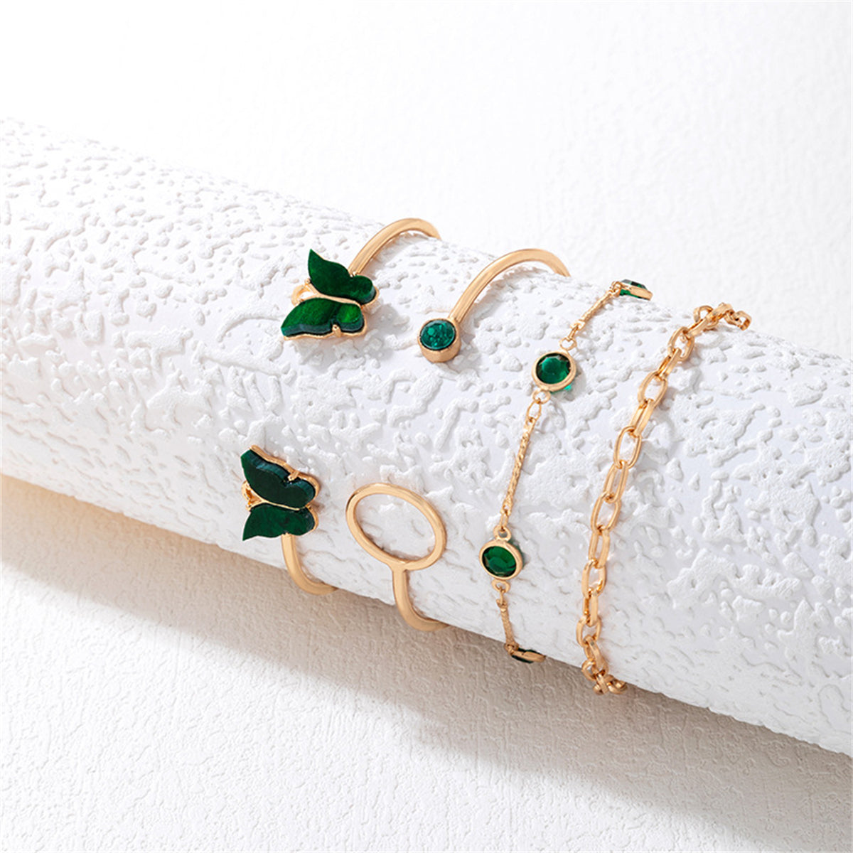 Green Crystal and 18K Gold-Plated Butterfly Cuff Bracelet Set, jewelry gift sets for women, detail close-up