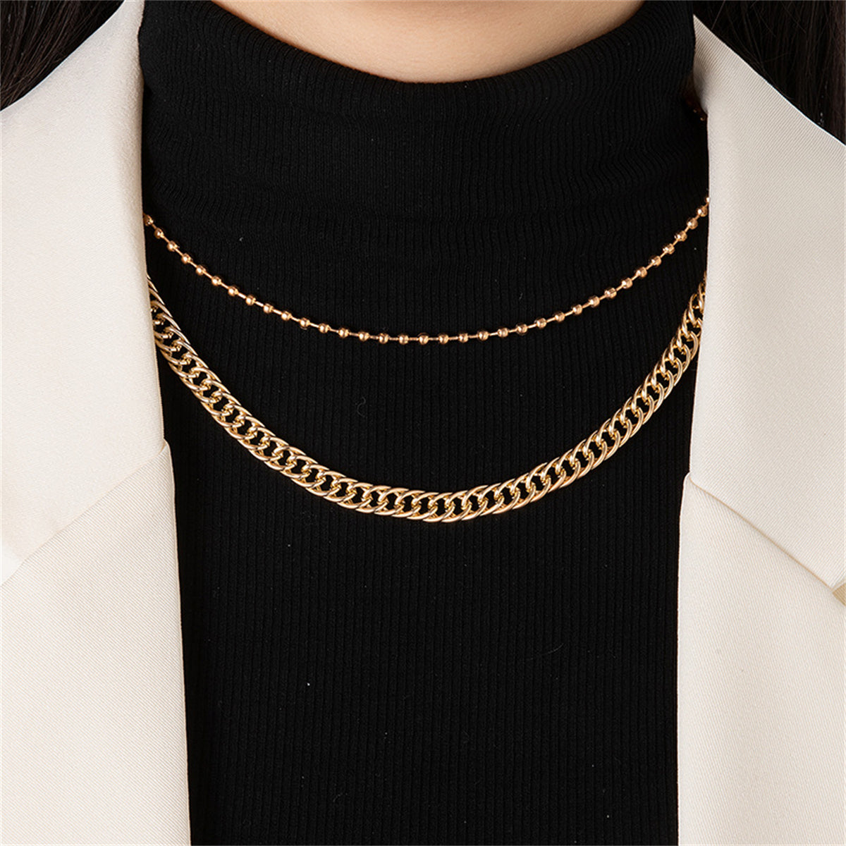Elegant 18K gold-plated necklace set featuring a bead chain and curb chain in two distinct sizes for versatile styling.