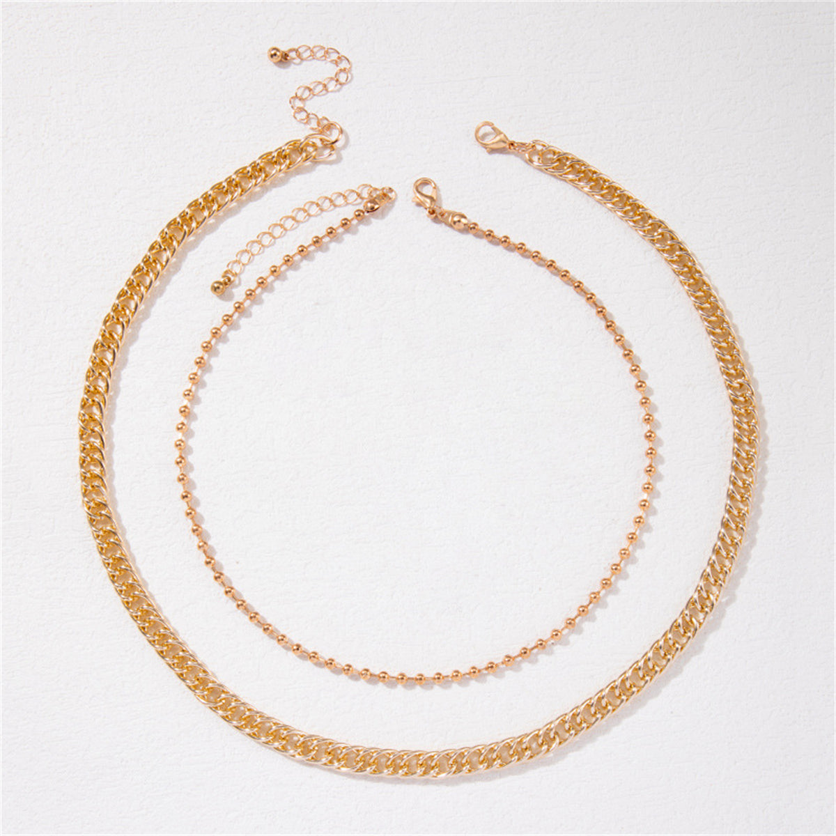 Stunning 18K gold-plated necklace set with a bead chain and curb chain, showcasing two unique sizes for a chic look.