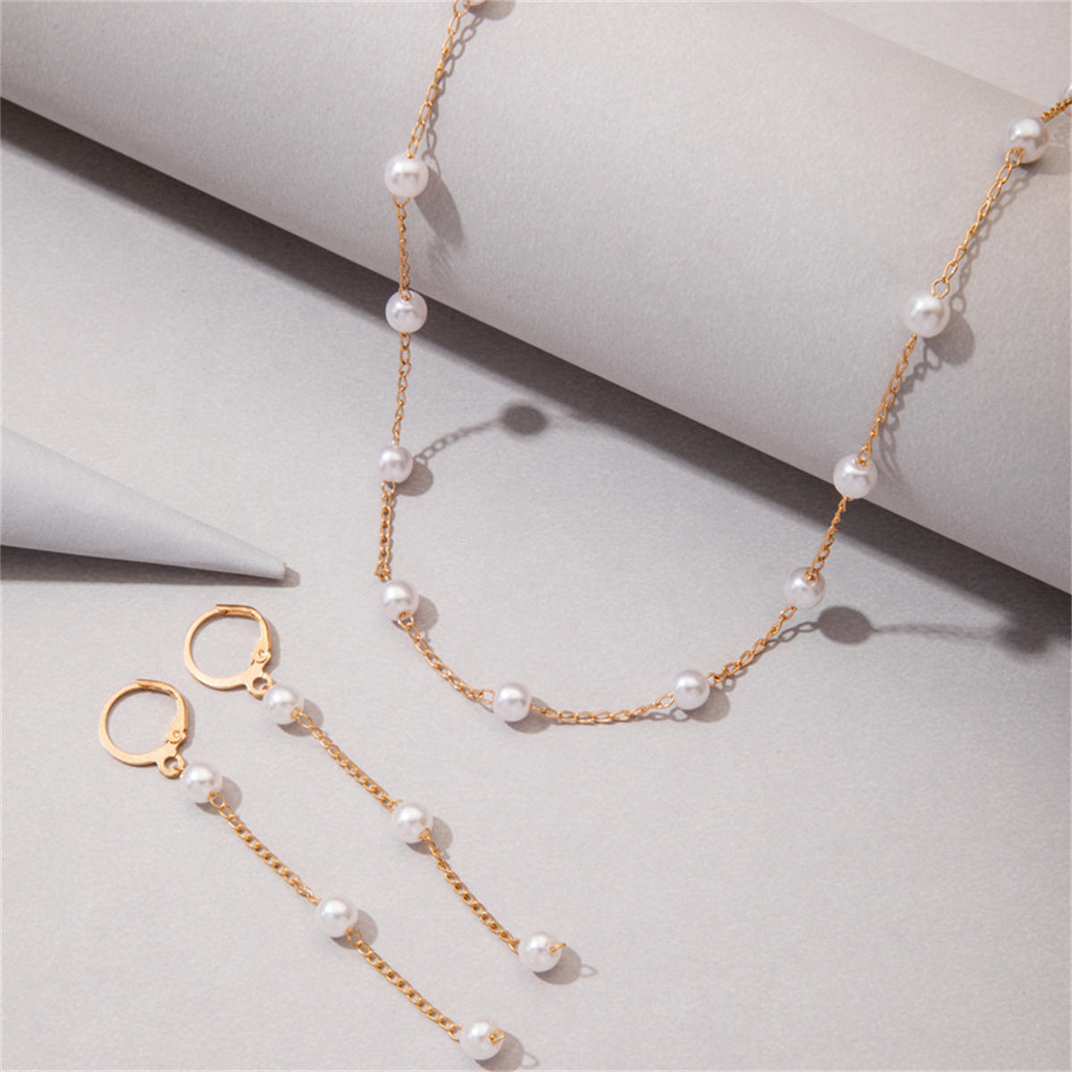 Pearl & 18K Gold-Plated Huggie Earrings & Necklace Set