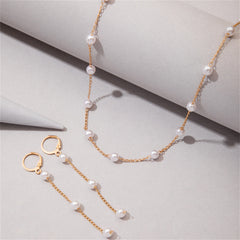Pearl & 18K Gold-Plated Huggie Earrings & Necklace Set