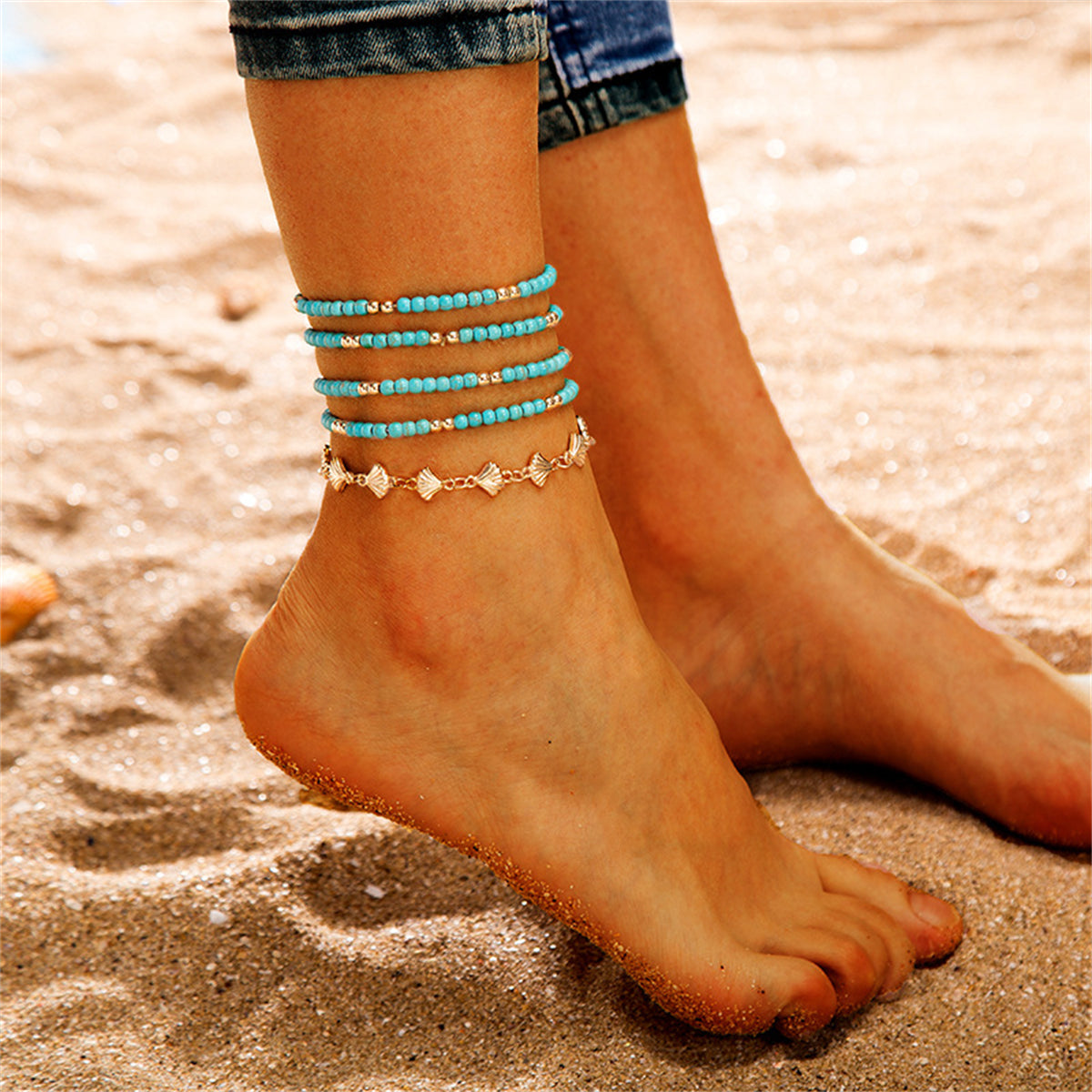 Turquoise & 18K Gold-Plated Beaded Anklet Set