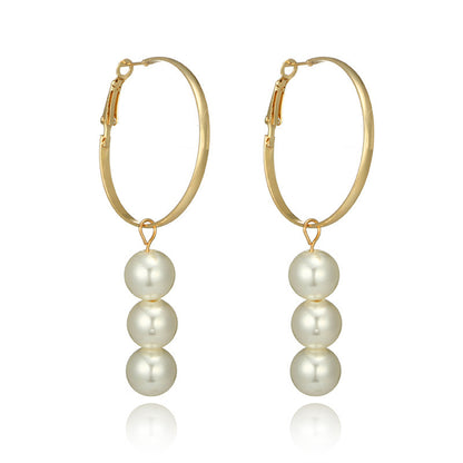 Pearl and 18K Gold-Plated Hoop Drop Earrings, gold drop earrings for women, dainty minimalist design, front view