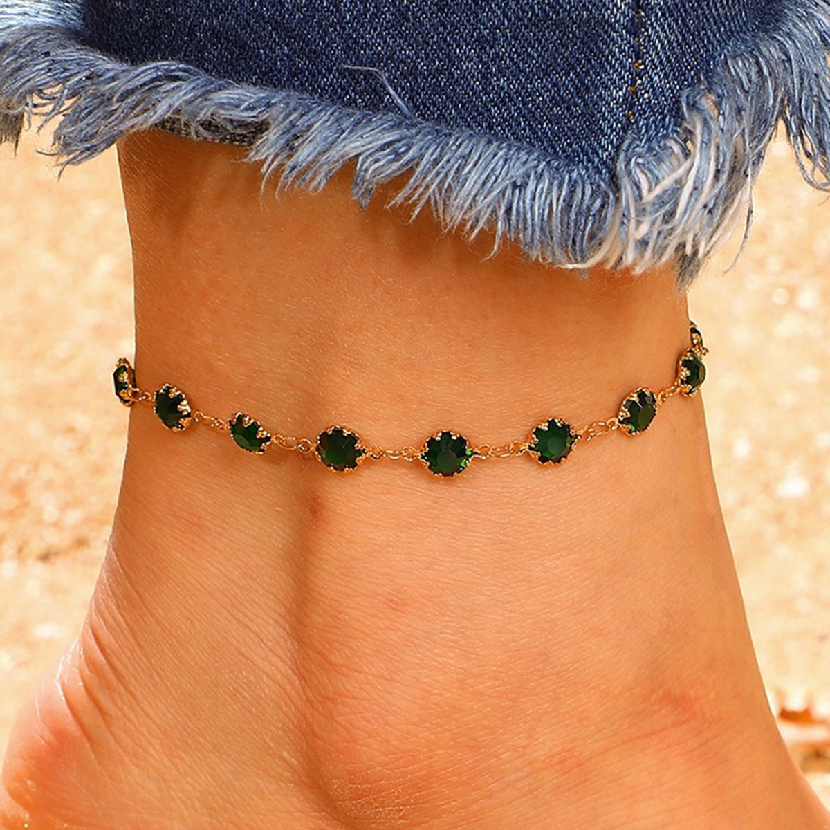 Green Cubic Zirconia and 18K Gold-Plated Round-Cut Anklet, gold anklet bracelet, everyday style, front view