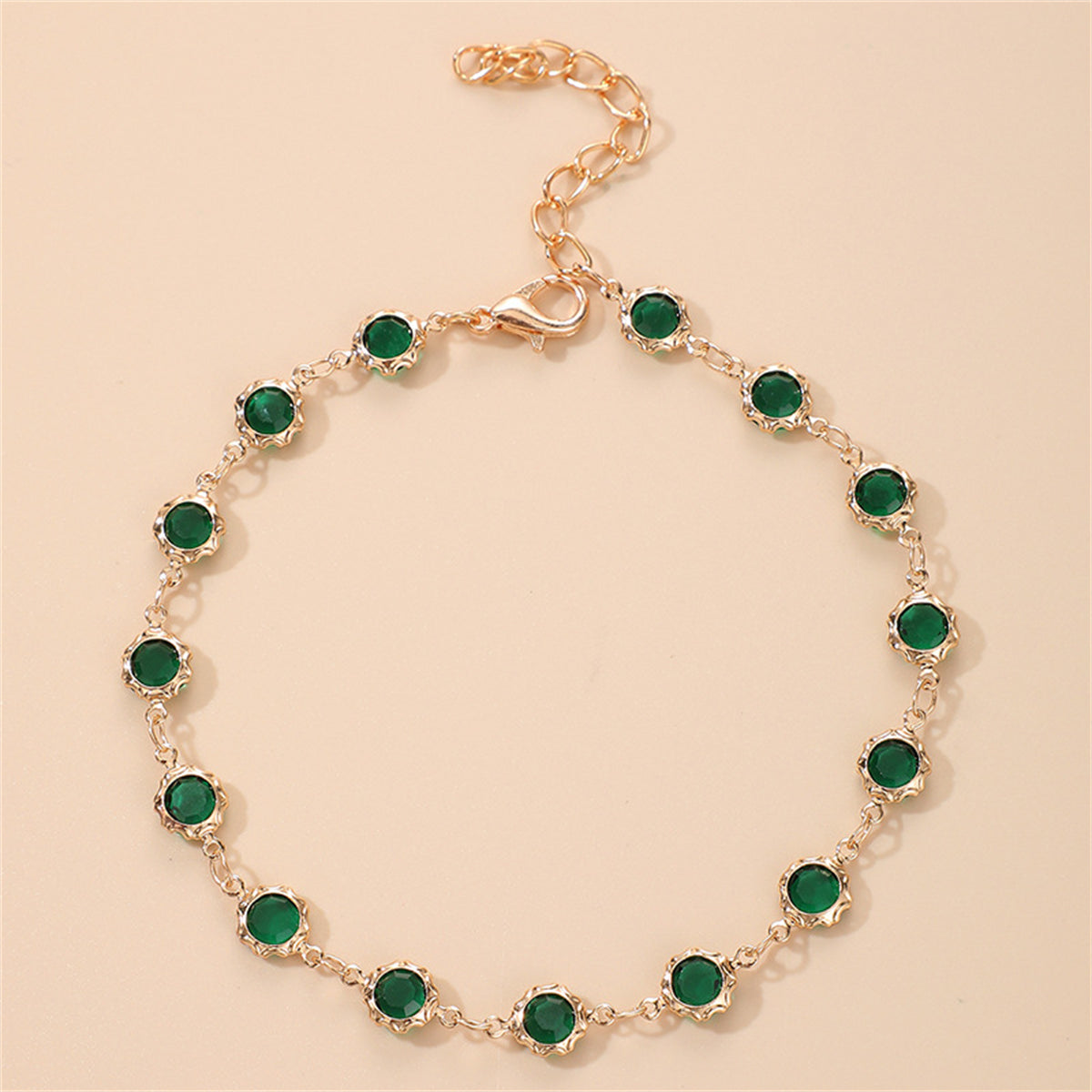 Green Cubic Zirconia and 18K Gold-Plated Round-Cut Anklet, gold anklet bracelet, everyday style, detail close-up