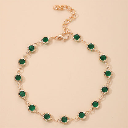 Green Cubic Zirconia and 18K Gold-Plated Round-Cut Anklet, gold anklet bracelet, everyday style, detail close-up