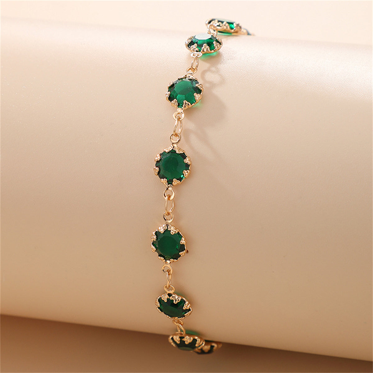 Green Cubic Zirconia and 18K Gold-Plated Round-Cut Anklet, gold anklet bracelet, everyday style, lifestyle look