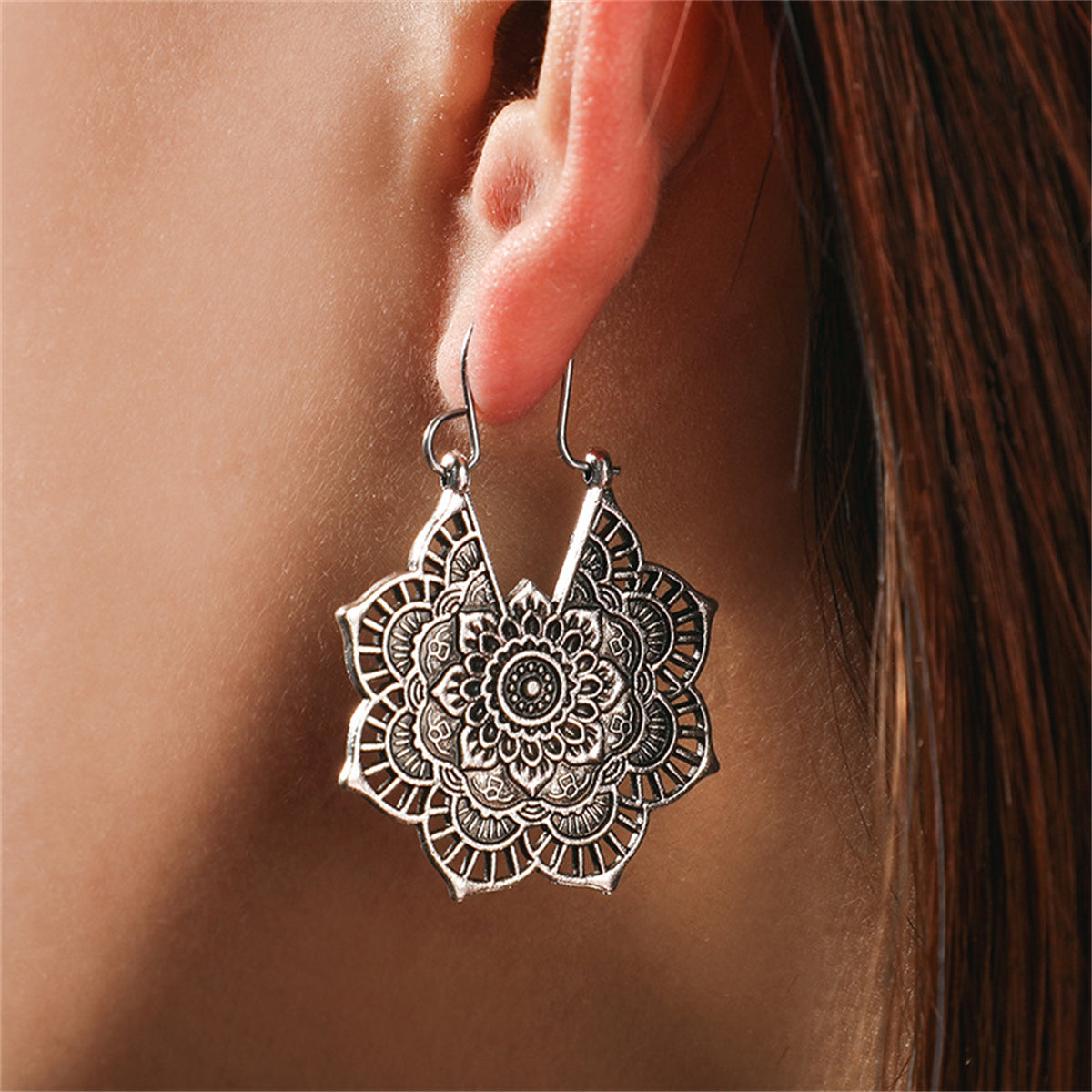 Silver-Plated Floral Huggie Earrings, silver huggie earrings, botanical inspired, lifestyle look