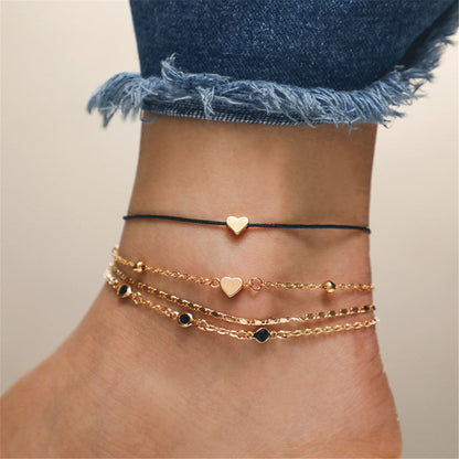 Cubic Zirconia and 18K Gold-Plated Heart Anklet Set, jewelry gift sets for women, dainty minimalist design, front view