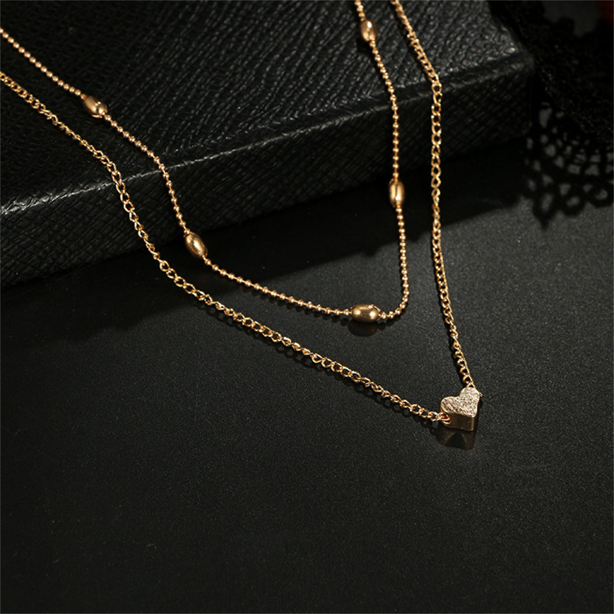 18K Gold-Plated Heart Ball Chain Layered Pendant Necklace, gold pendant necklace for women, front view