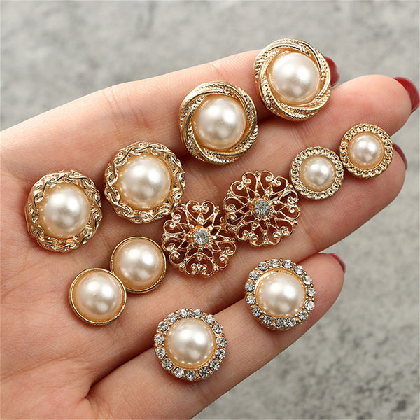 Pearl & Cubic Zirconia Floral Round Stud Earrings Set