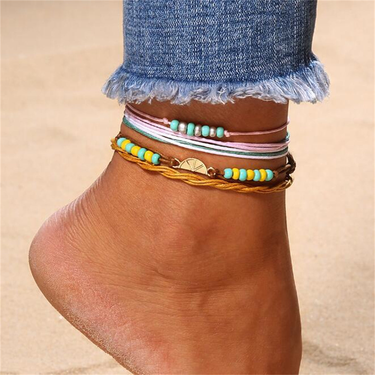 Turquoise and Yellow Multi-Strand Anklet Set, jewelry gift sets for women, vintage-inspired design, front view