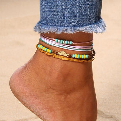 Turquoise and Yellow Multi-Strand Anklet Set, jewelry gift sets for women, vintage-inspired design, front view
