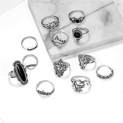 Black Resin & Silver-Plated Lotus Elephant Cross Ring Set