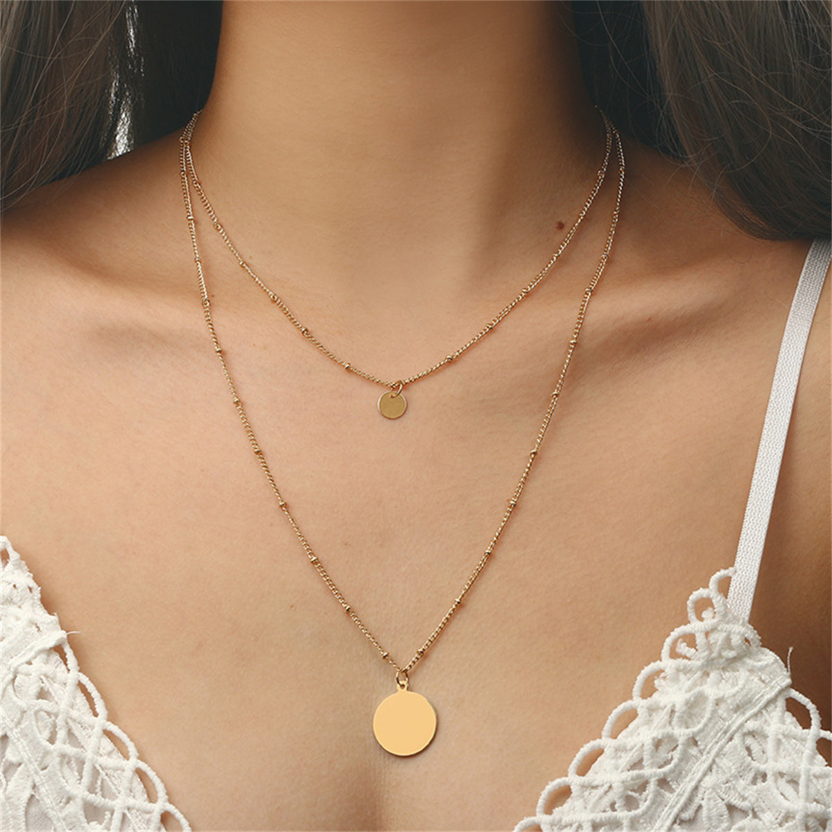 18K Gold-Plated Disc Layered Necklace, gold pendant necklace for women, everyday style, front view