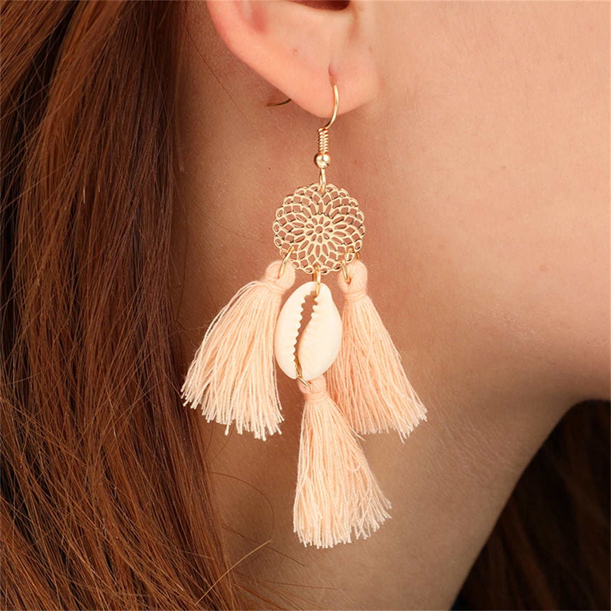 Blush Polyster & Shell 18K Gold-Plated Cowrie Tassel Openwork Drop Earrings