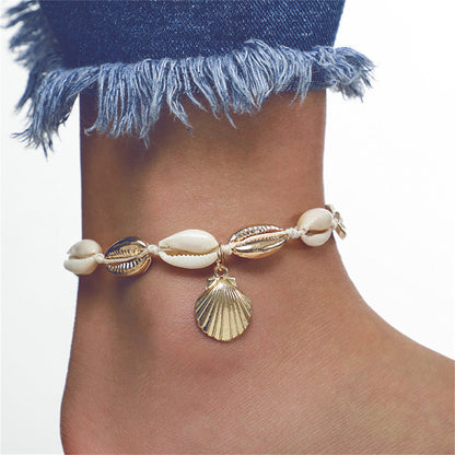 Shell and 18K Gold-Plated Shell-Charm Adjustable Anklet, gold anklet bracelet, everyday style, side view