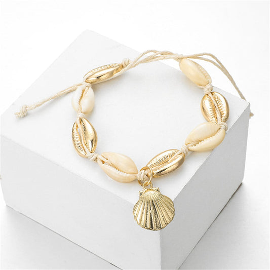Shell and 18K Gold-Plated Shell-Charm Adjustable Anklet, gold anklet bracelet, everyday style, front view