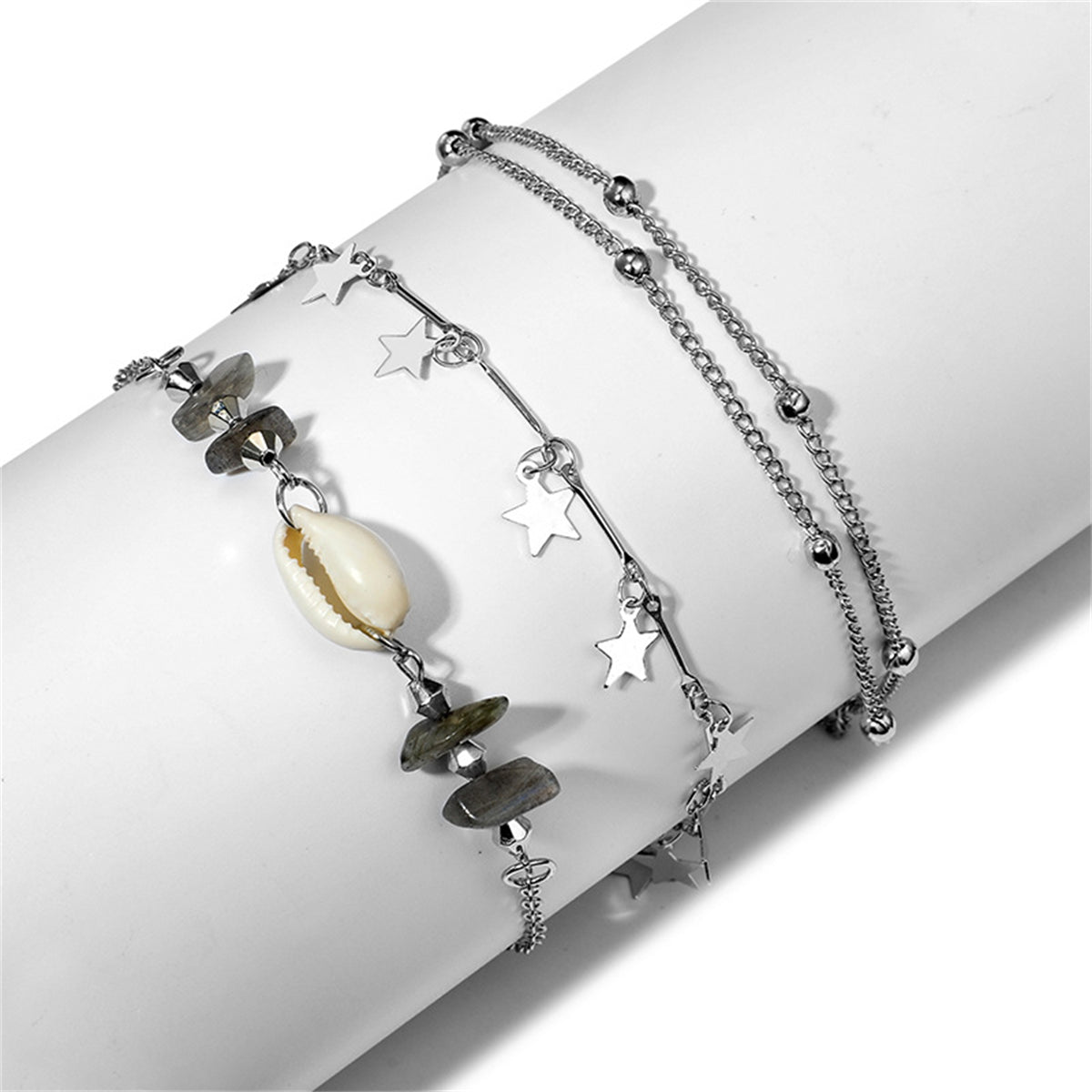 Seashell & Resin Silver-Plated Star Anklet Set