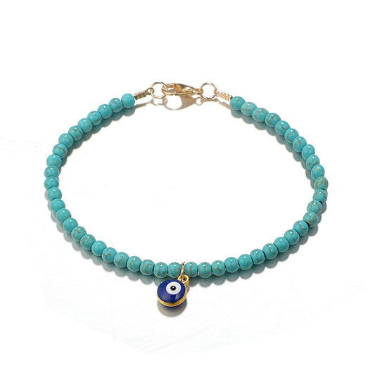 Turquoise and 18K Gold-Plated Beaded Anklet, gold anklet bracelet, botanical inspired, front view
