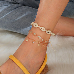Cubic Zirconia & 18K Gold-Plated Star Station Anklet Set