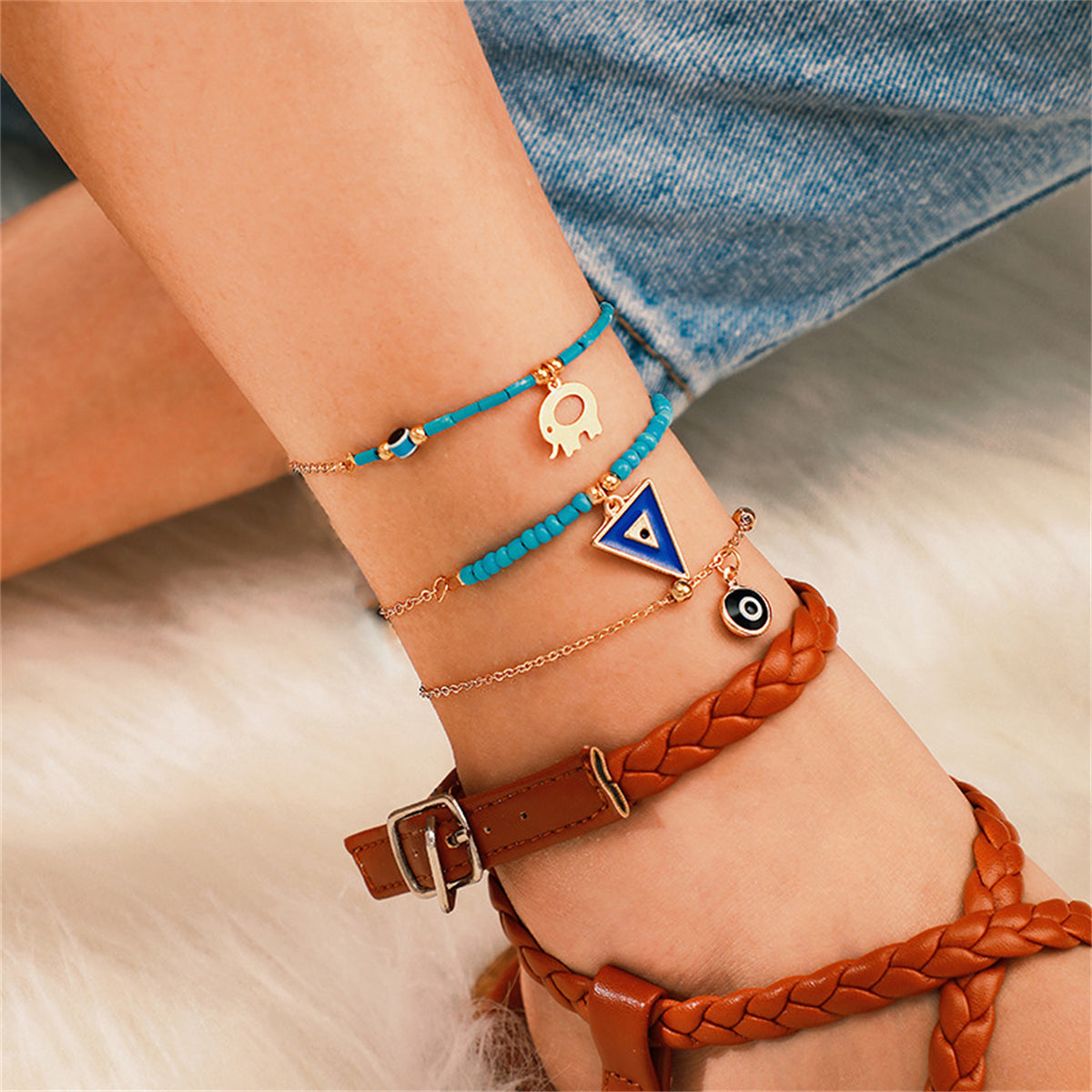 Turquoise & 18K Gold-Plated Elephant Charm Anklet Set
