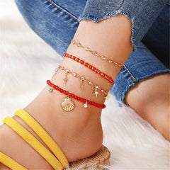 Red & Cubic Zirconia Beaded Seashell Charm Anklet Set