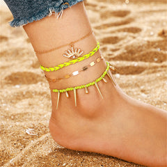 Green & Cubic Zirconia Evil Eye Charm Anklet Set