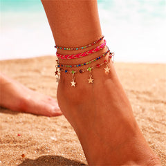 Pink & 18K Gold-Plated Star Anklet Set