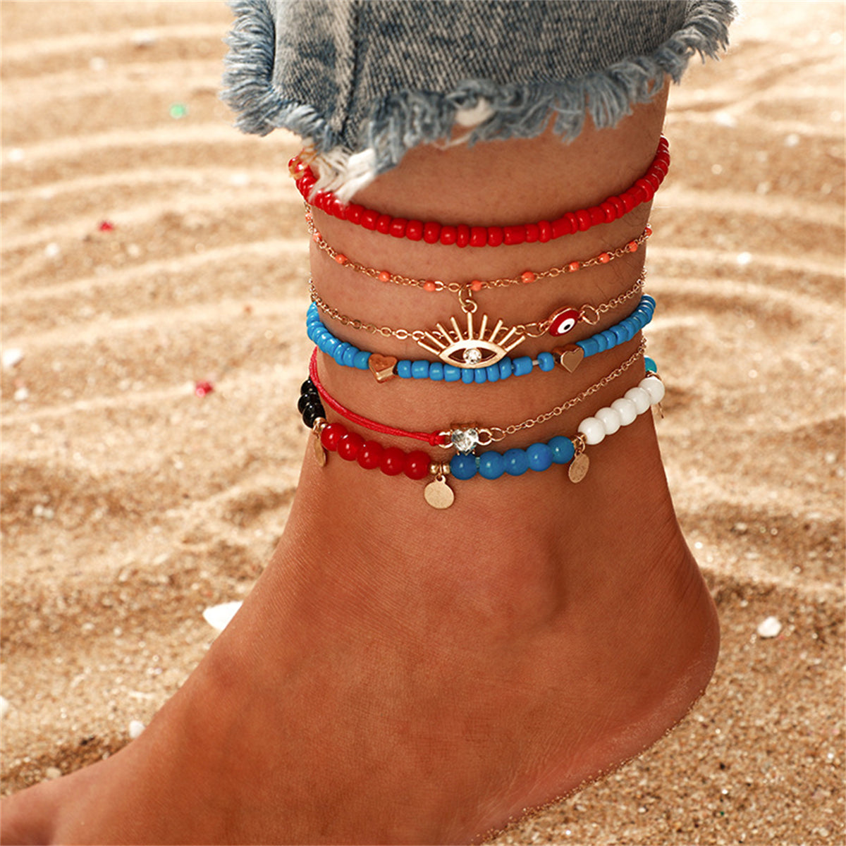 Red and Blue Beaded Evil Eye Anklet Set, jewelry gift sets for women, botanical inspired, front view