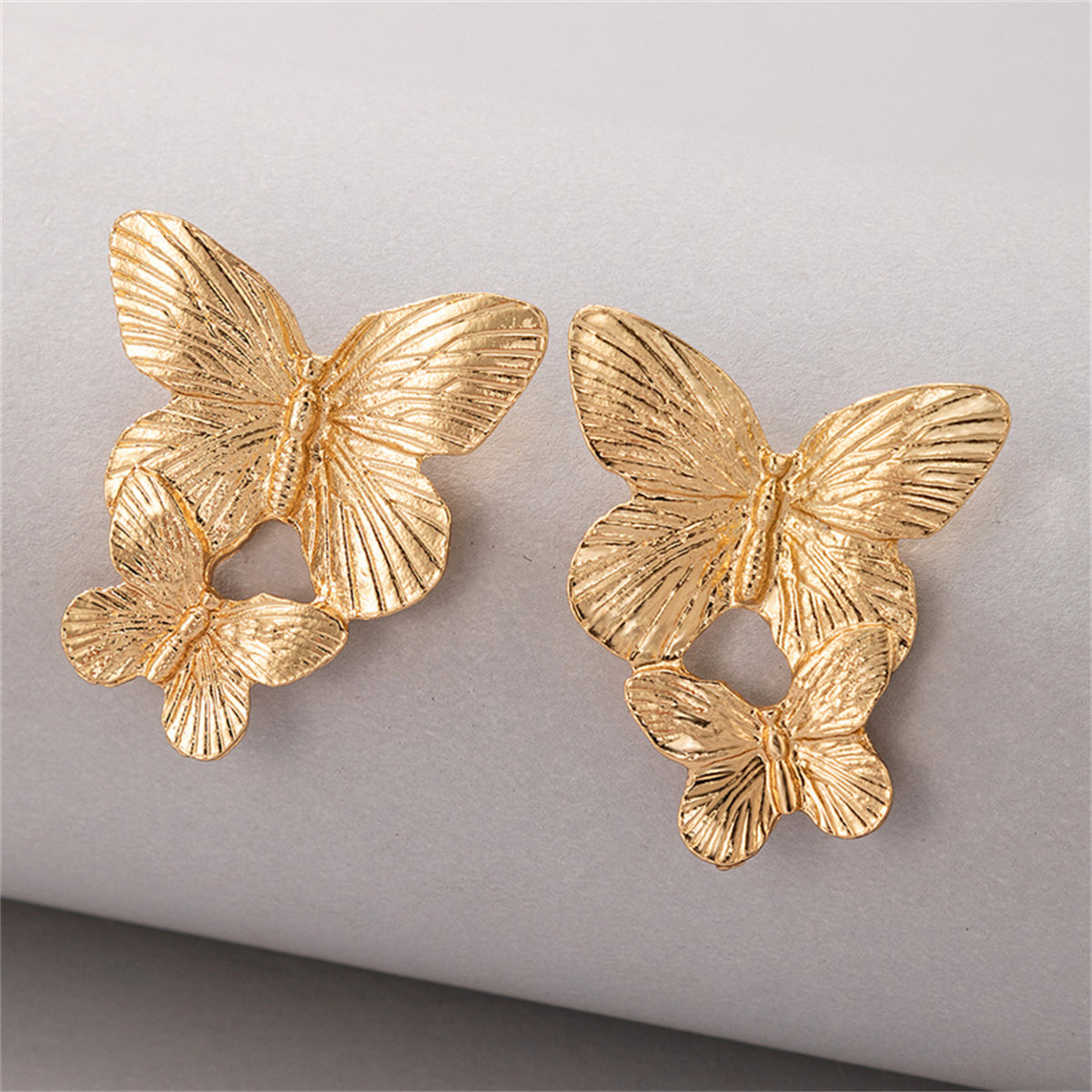 18K Gold-Plated Double-Butterfly Dangle Earrings, gold drop earrings for women, dainty minimalist design, front view