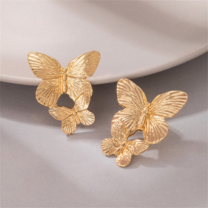 18K Gold-Plated Double-Butterfly Dangle Earrings, gold drop earrings for women, dainty minimalist design, detail close-up
