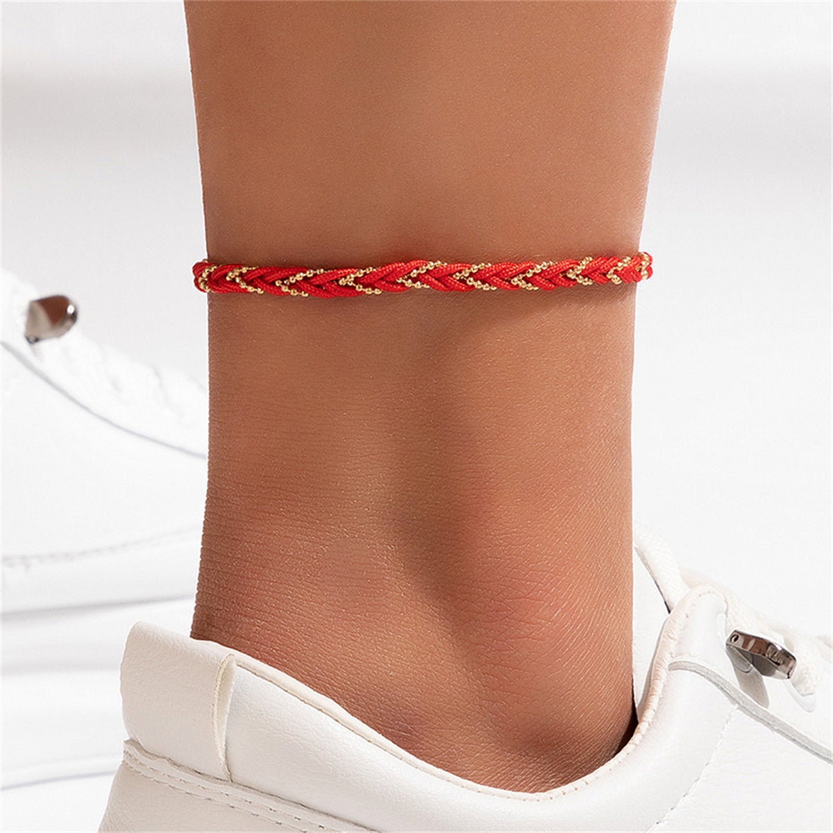 Red Polyster & 18K Gold-Plated Braided Anklet