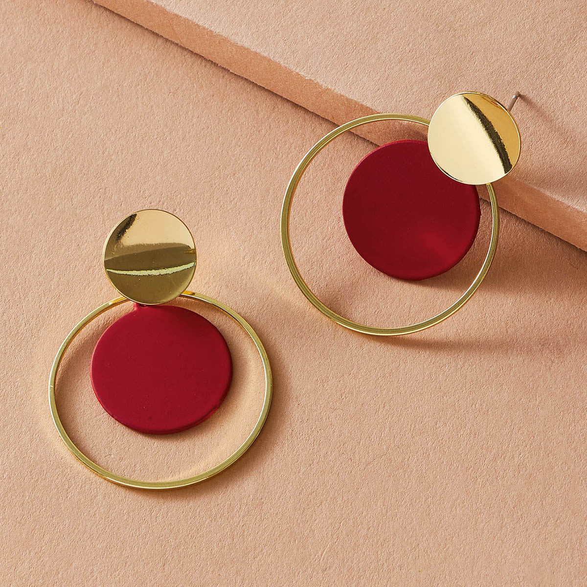 Red Emamel and 18K Gold-Plated Circle Drop Earring, gold drop earrings for women, botanical inspired, front view