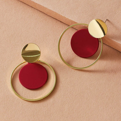 Red Emamel and 18K Gold-Plated Circle Drop Earring, gold drop earrings for women, botanical inspired, front view