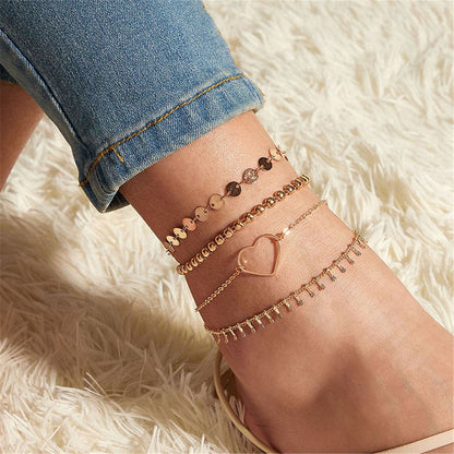 18K Gold-Plated Open Heart and Beaded Anklet Set, jewelry gift sets for women, elegant gift for her, front view
