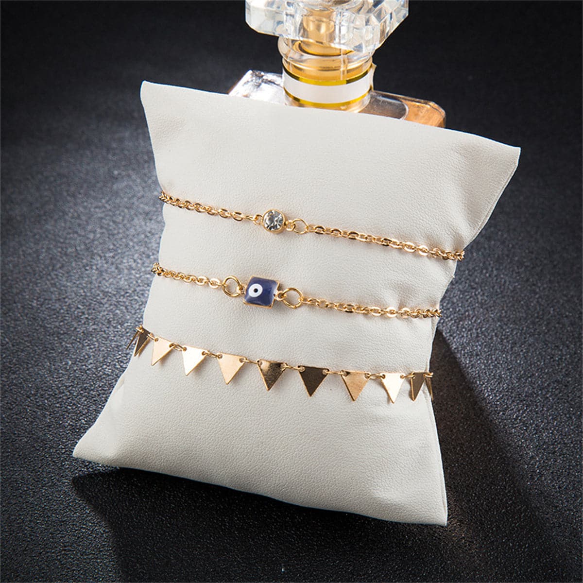 Cubic Zirconia & 18K Gold-Plated Triangle Station Anklet Set