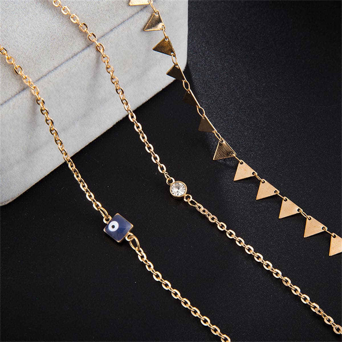 Cubic Zirconia & 18K Gold-Plated Triangle Station Anklet Set