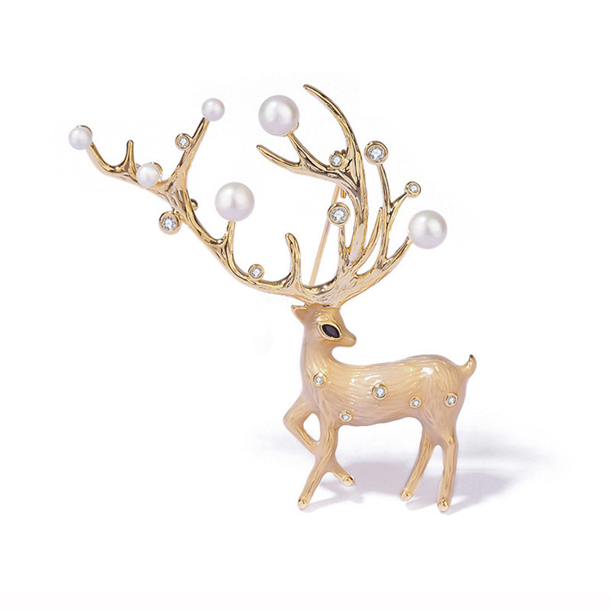 Pearl and Cubic Zirconia Enamel 18K Gold-Plated Reindeer Brooch, gold brooch pin, elegant gift for her, front view