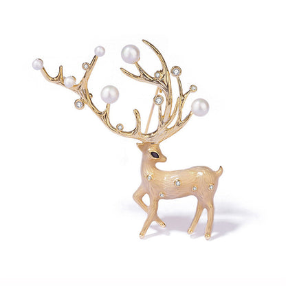 Pearl and Cubic Zirconia Enamel 18K Gold-Plated Reindeer Brooch, gold brooch pin, elegant gift for her, front view