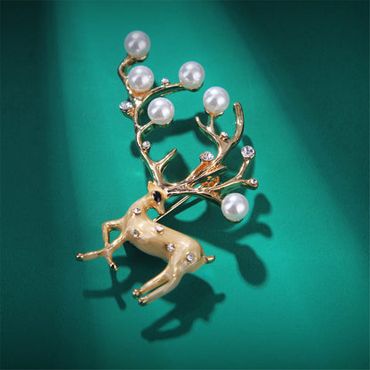Pearl and Cubic Zirconia Enamel 18K Gold-Plated Reindeer Brooch, gold brooch pin, elegant gift for her, lifestyle look