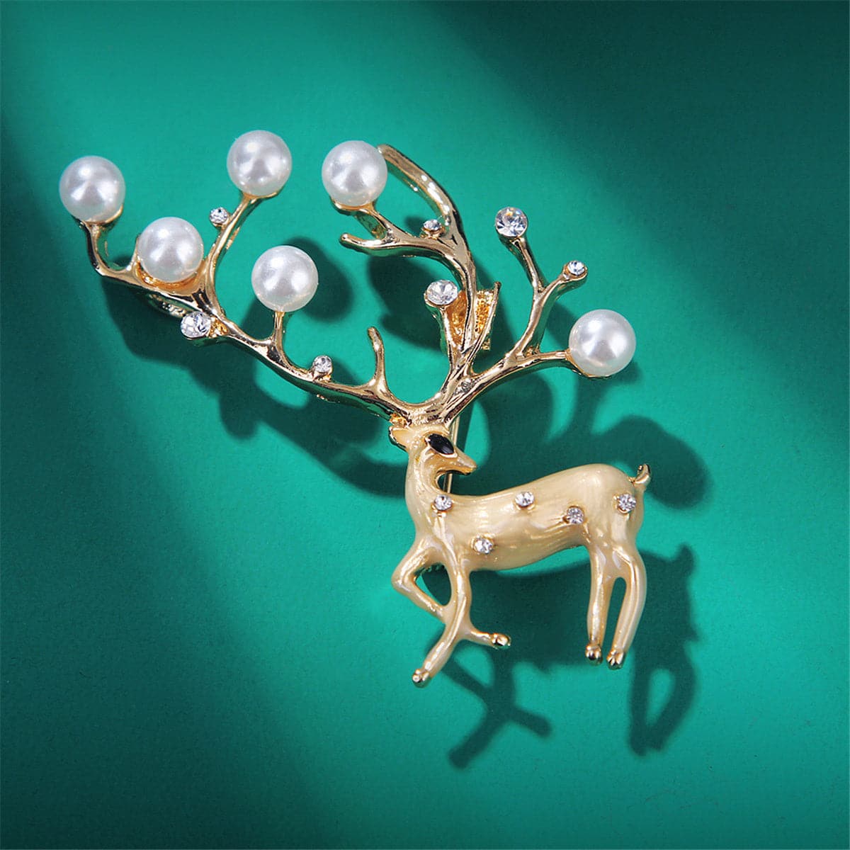 Pearl and Cubic Zirconia Enamel 18K Gold-Plated Reindeer Brooch, gold brooch pin, elegant gift for her, side view