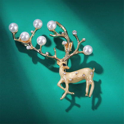 Pearl and Cubic Zirconia Enamel 18K Gold-Plated Reindeer Brooch, gold brooch pin, elegant gift for her, side view