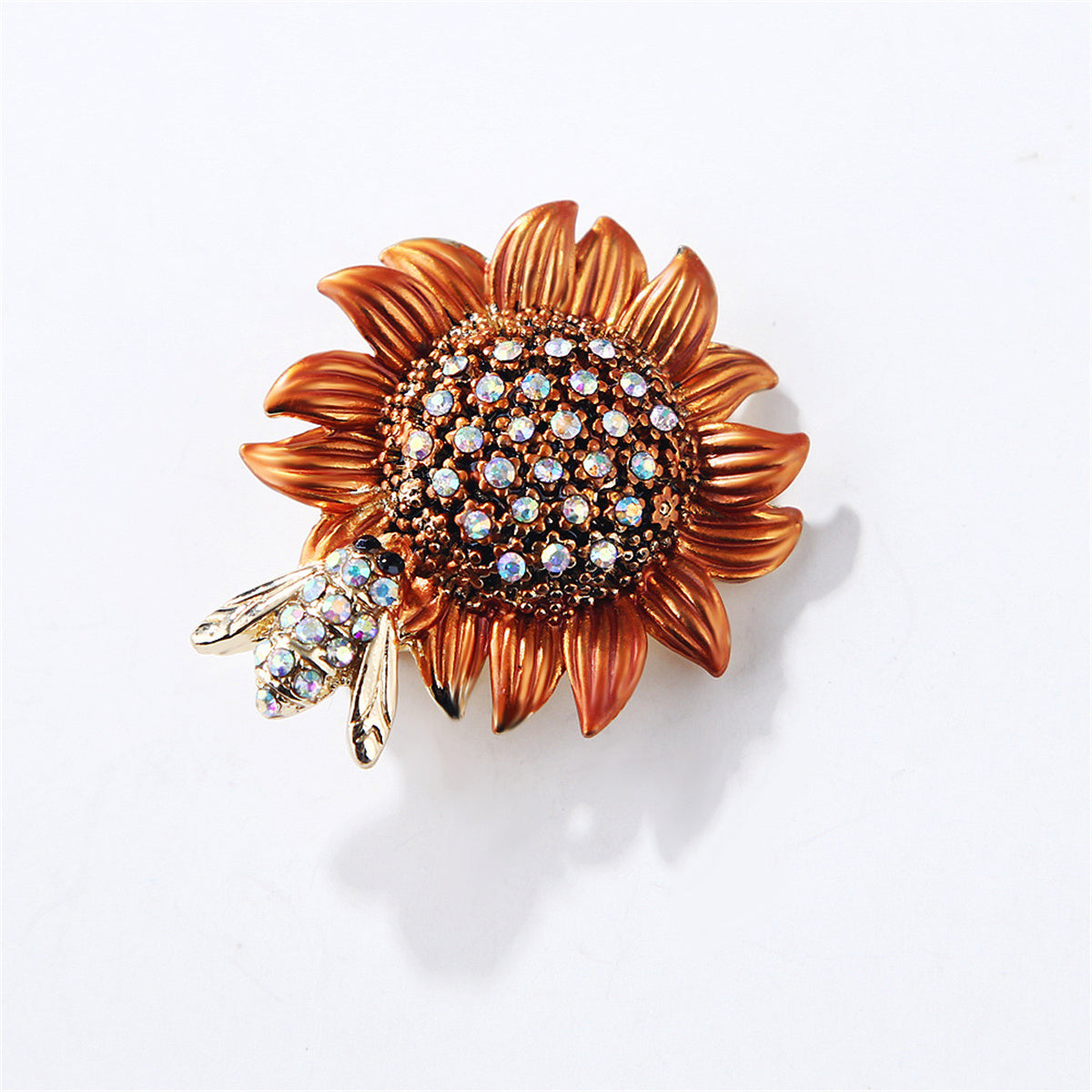 Cubic Zirconia and 18K Gold-Plated Sunflower Bee Brooch, gold brooch pin, everyday style, front view