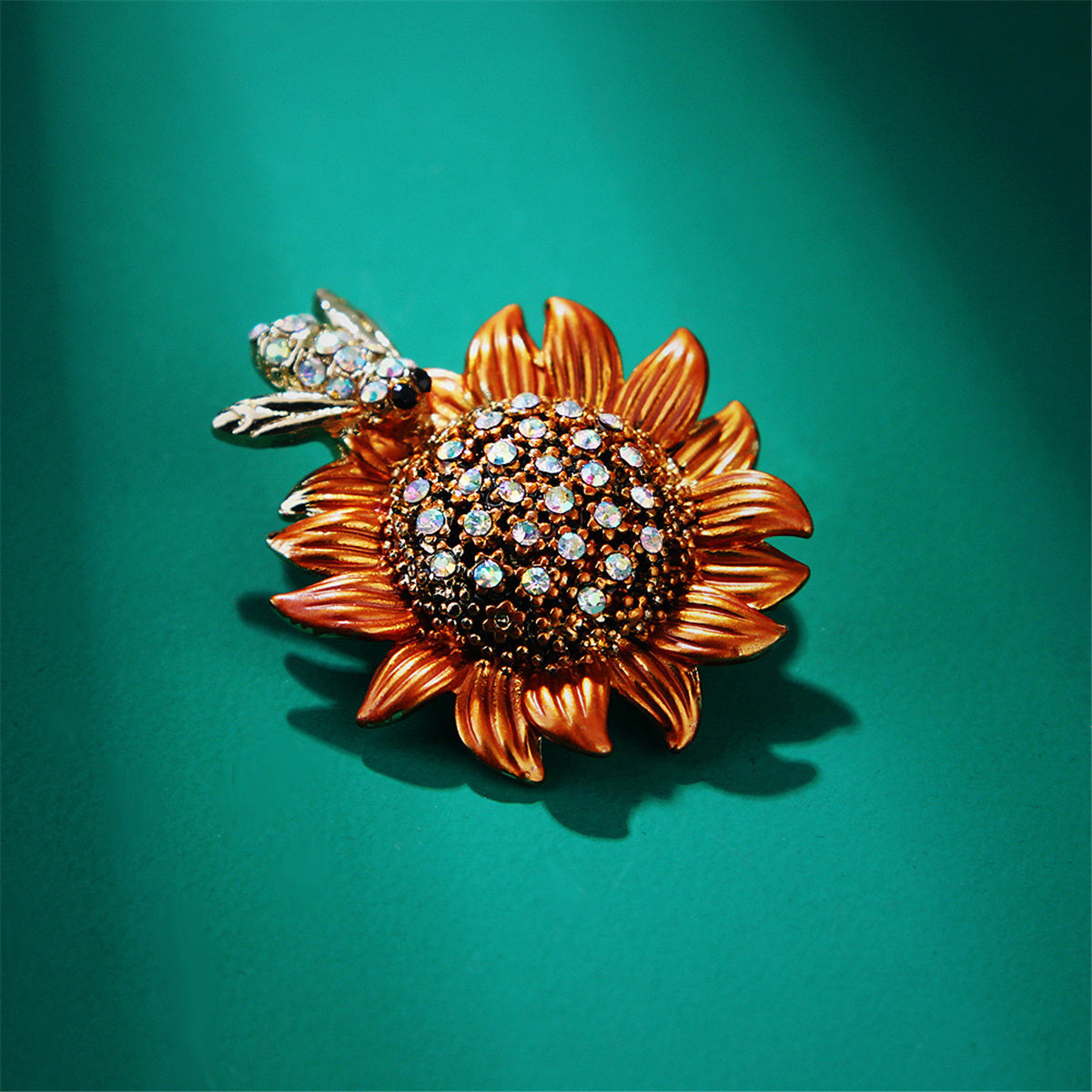 Cubic Zirconia and 18K Gold-Plated Sunflower Bee Brooch, gold brooch pin, everyday style, side view