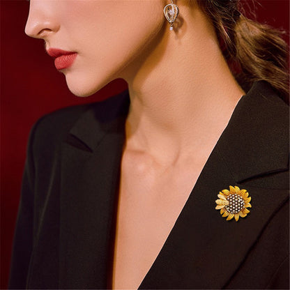 Cubic Zirconia and 18K Gold-Plated Sunflower Bee Brooch, gold brooch pin, everyday style, styled look