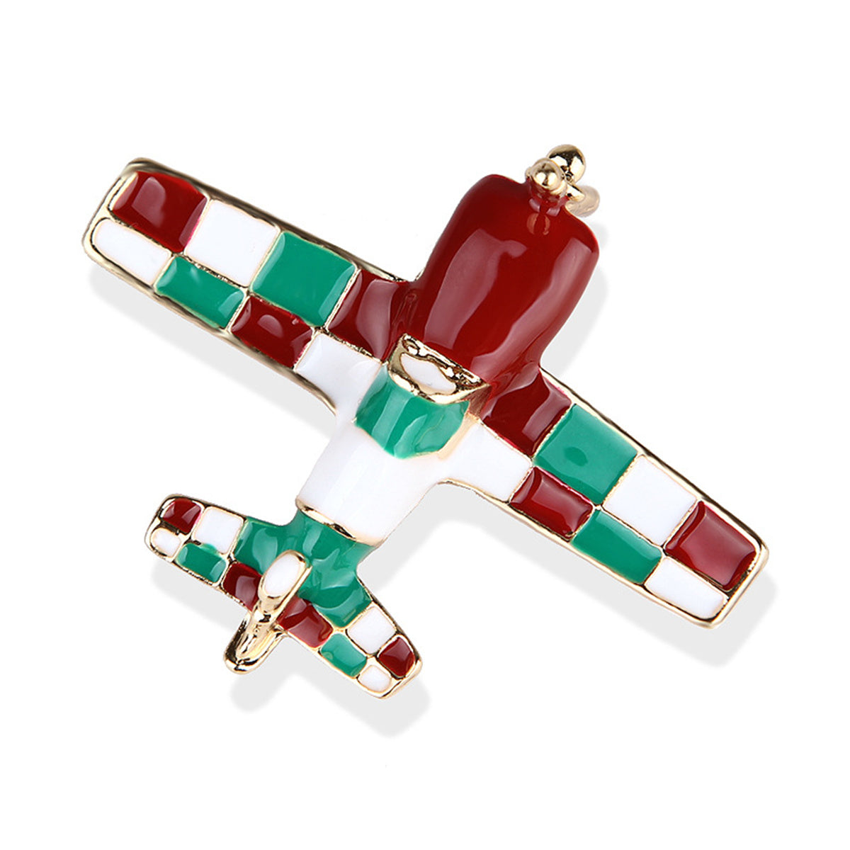 Wine Red & Green Enamel 18K Gold-Plated Airplane Brooch